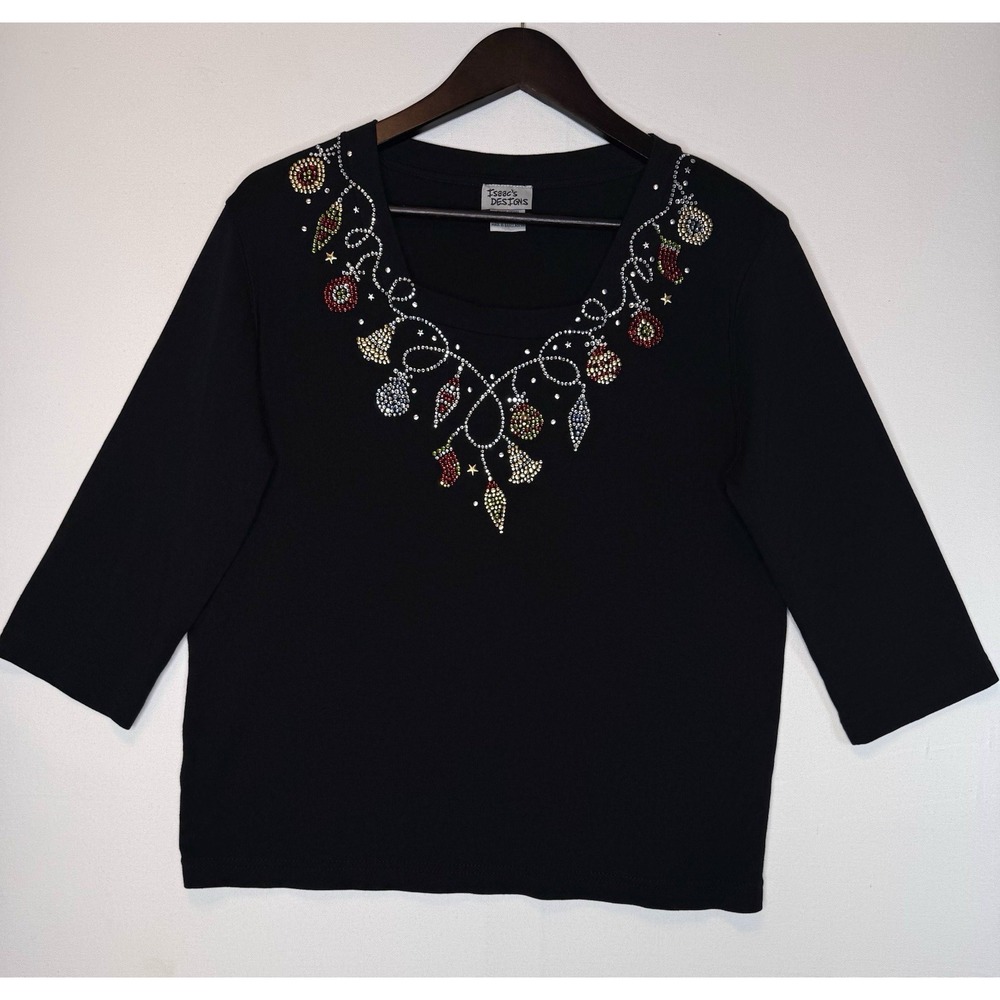 Isaacs Designs Blingy Christmas Ornaments Sparkly Top V Neck 3/4 Sleeve Knit Lg